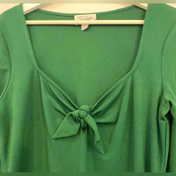 Unique Vintage Emerald Green Knit Sweetheart Collar Belted Midi Dress, Sz 10/12 - Picture 4 of 7